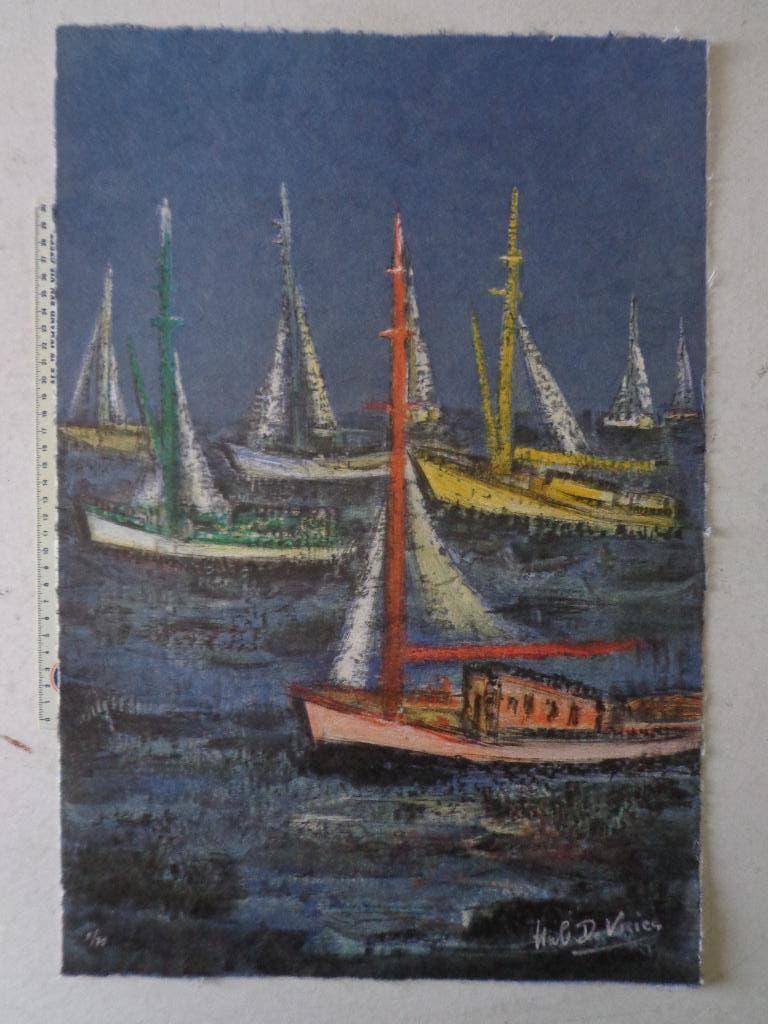fraaie litho in kleur van Hubert De Vries "Zeilbootjes", Antiquités & Art, Enlèvement ou Envoi