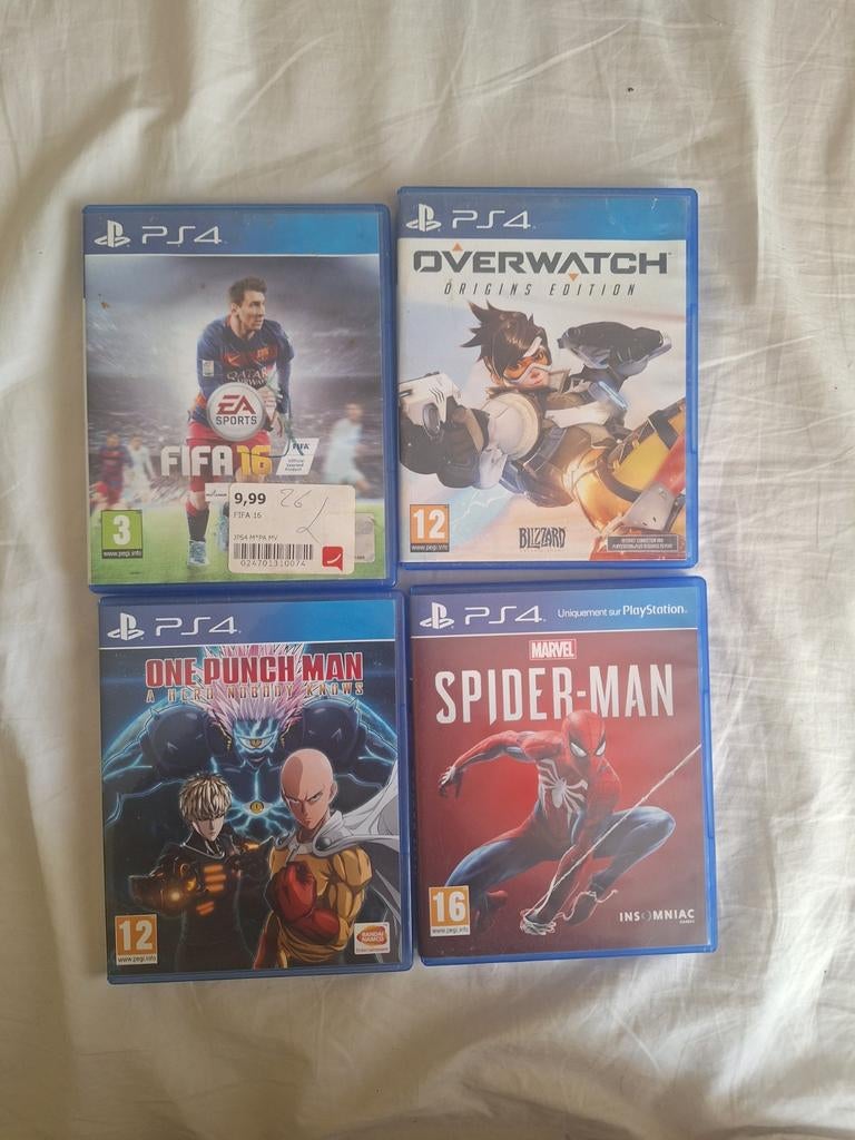 Lot 4 jeux PS4 : Spider-Man + One Punch Man+Overwatch + FIFA, Ophalen, Online, 1 speler, Zo goed als nieuw