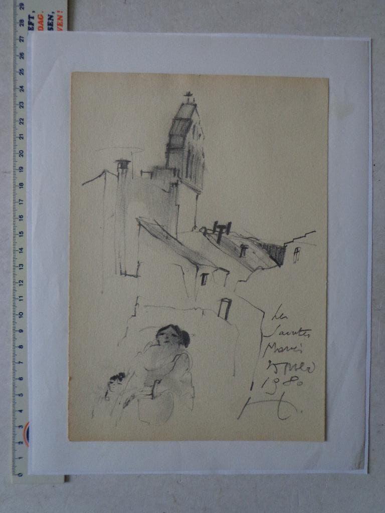 gevoelige tekening Hugo Heyens "Les Saintes Maries" uit 1980, Antiek en Kunst, Kunst | Tekeningen en Fotografie, Ophalen of Verzenden