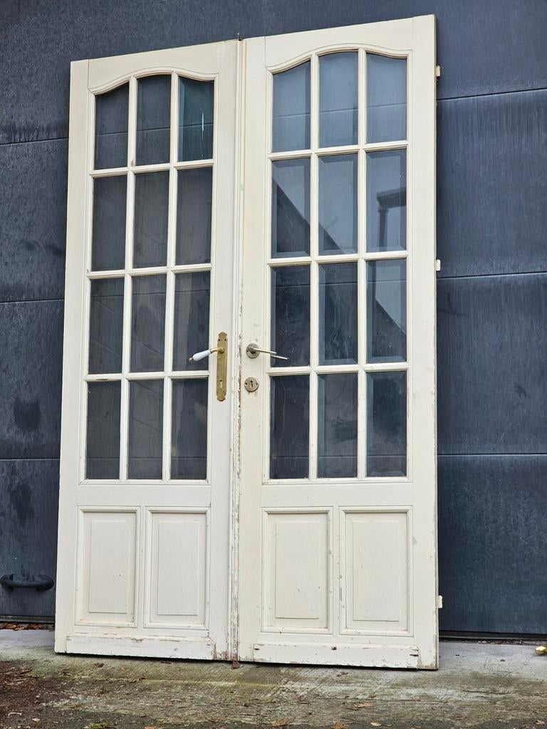 Antiek dubbele deur, suite deuren, glas ruitjes paneel hout, Binnendeur, Ophalen of Verzenden, Zo goed als nieuw, Glas