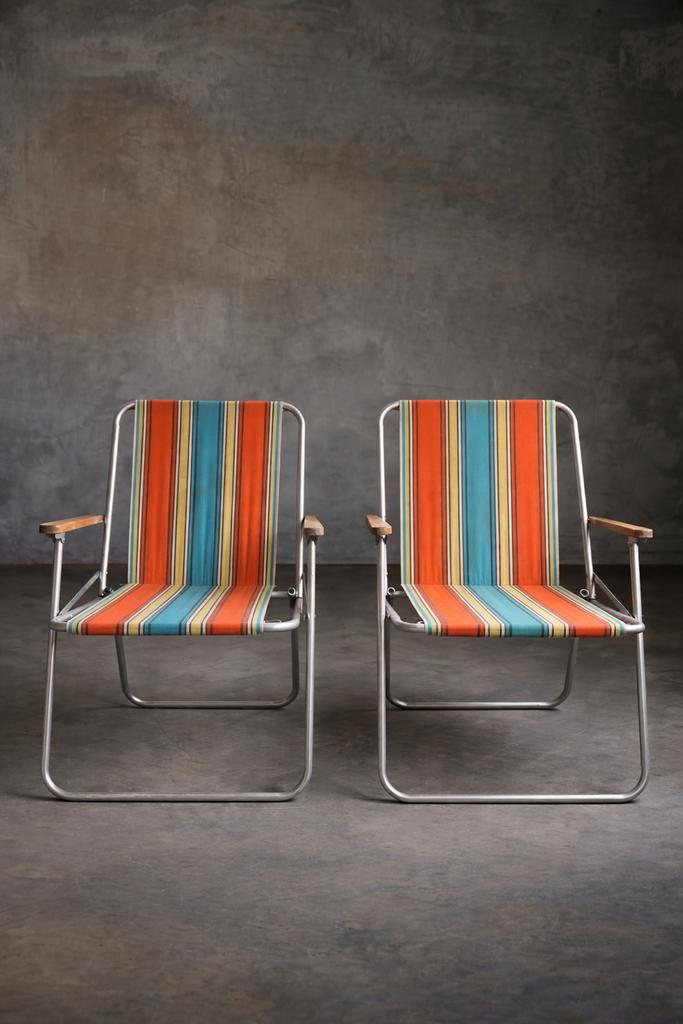 Chaises de jardin à rayures rétro, Maison & Meubles, Chaises, Enlèvement, Utilisé, Bleu, Deux