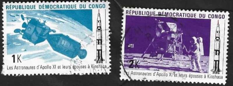 2 Postzegels Congo-Kinshasa Astronauten van Apollo 11, Ophalen of Verzenden, Gestempeld, Vliegtuigen