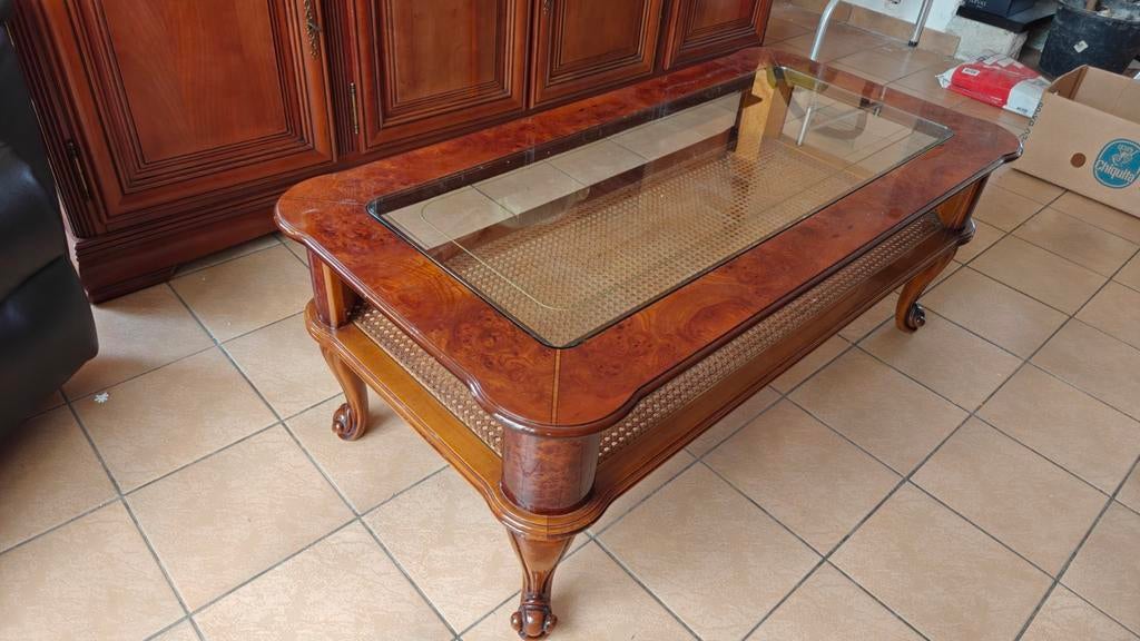 Marqueterie + glazen woonkamertafel, Ophalen, Gebruikt, 100 tot 150 cm, Glas