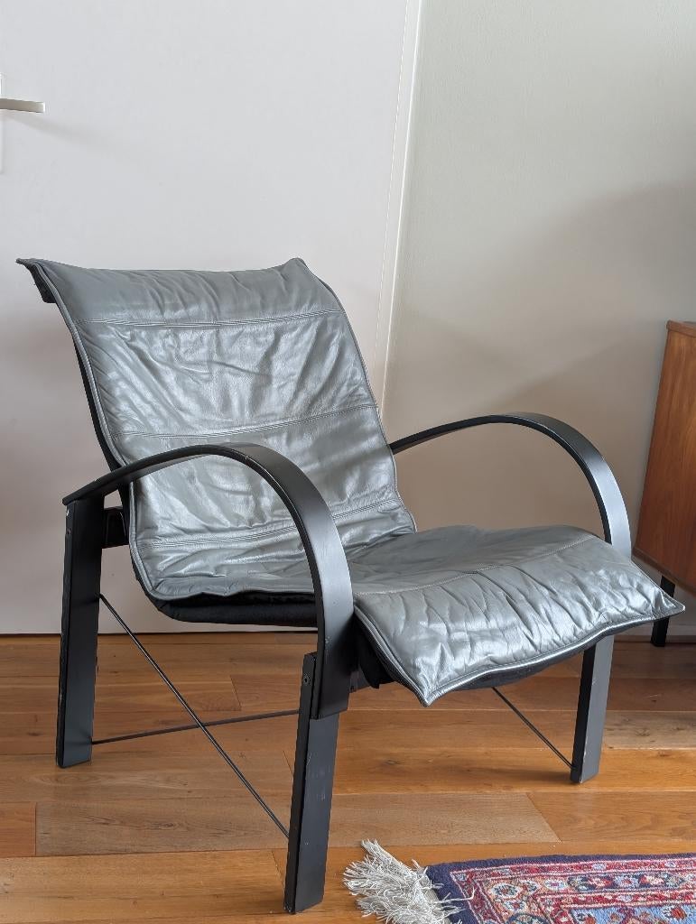Vintage Tord Bjorklund 1980s fauteuil zwart grijs leder, Maison & Meubles, Fauteuils, Bois, Cuir, Enlèvement
