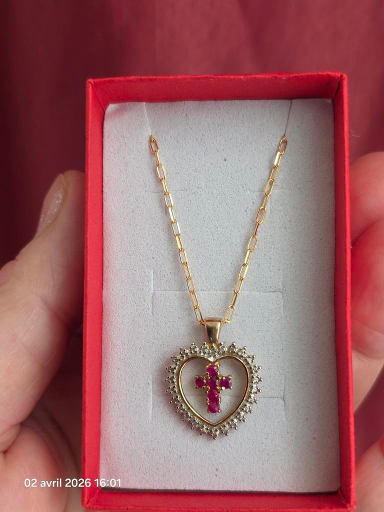 Vergulde sterling zilveren harthanger met natuurlijke robijn, Ophalen, Geel, Zilver, Met edelsteen