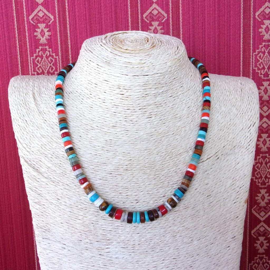 Navajo surferketting in koraal, turkoois, jaspis, parelmoer, Handtassen en Accessoires, Kettingen, Blauw, Nieuw, Ophalen of Verzenden