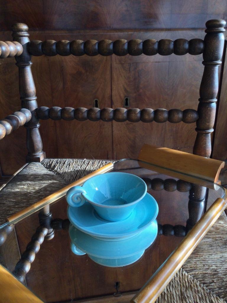 Tasses à café vintage 1950' céramique turquoise, Maison & Meubles, Enlèvement ou Envoi, Utilisé, Céramique, Tasse(s) et/ou soucoupe(s)