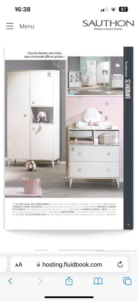 CHAMBRE BEBE SAUTHON COMPLETE EVOLUTIVE AVEC MATELAS, Enlèvement, Comme neuf, Garçon ou Fille