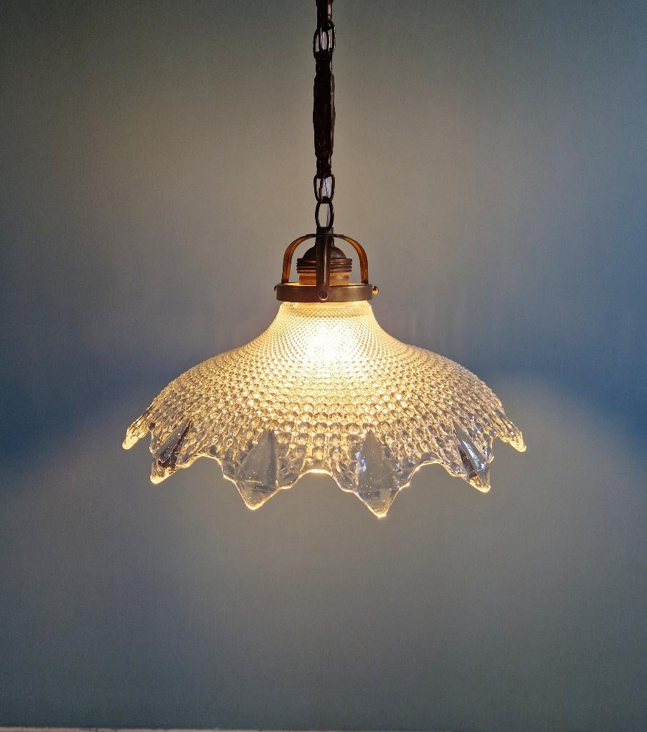 Suspension Art Déco en verre transparent festonné,1920-30, Antiquités & Art, Enlèvement ou Envoi