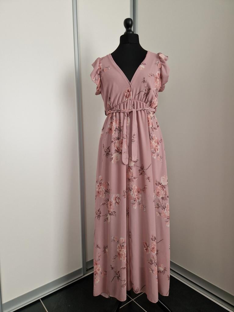 Robe fluide courtes manches, longue, rose pâle & fleurs, M-L, Taille 38/40 (M), Enlèvement ou Envoi, Rose, Robe de cocktail
