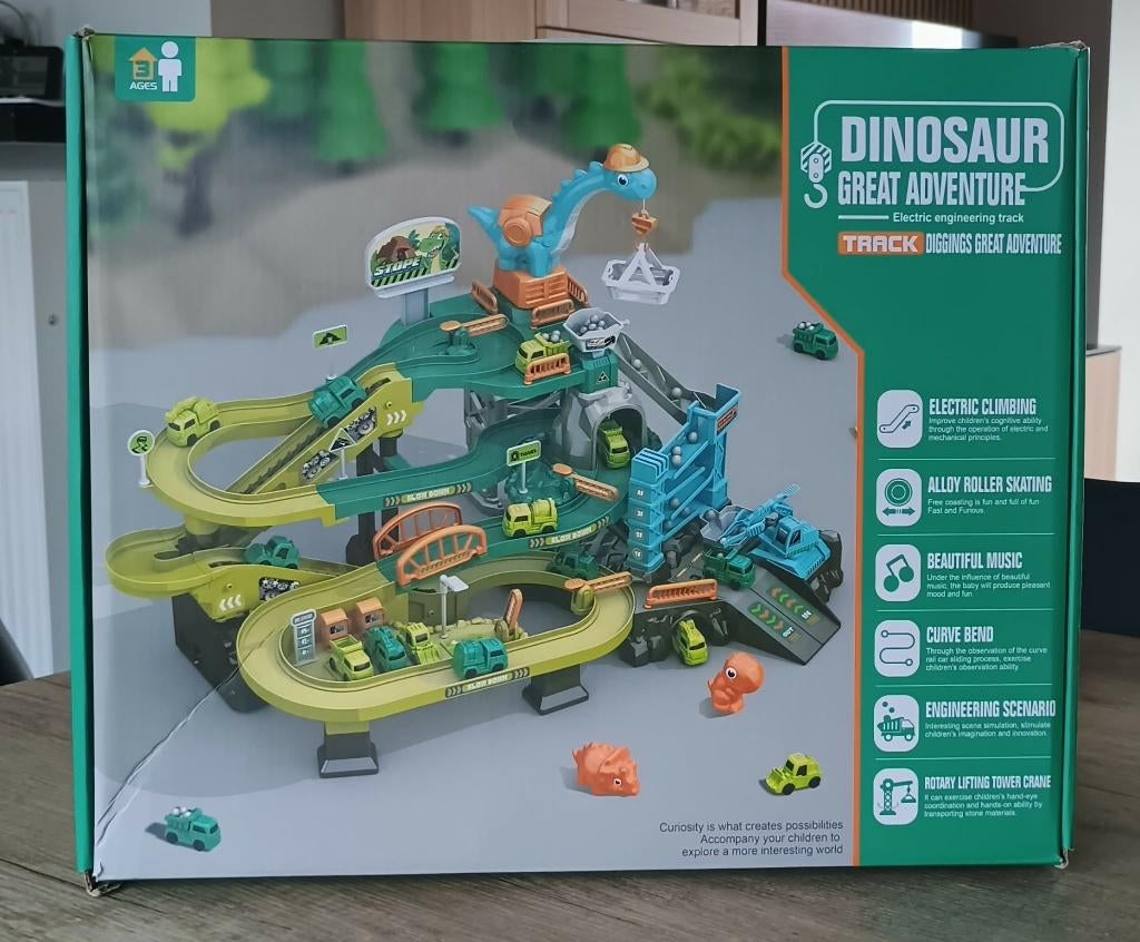 Dinosaurus Knikkerbaan met Autogarage, Parking, Bouwplaats, Ophalen, Zo goed als nieuw