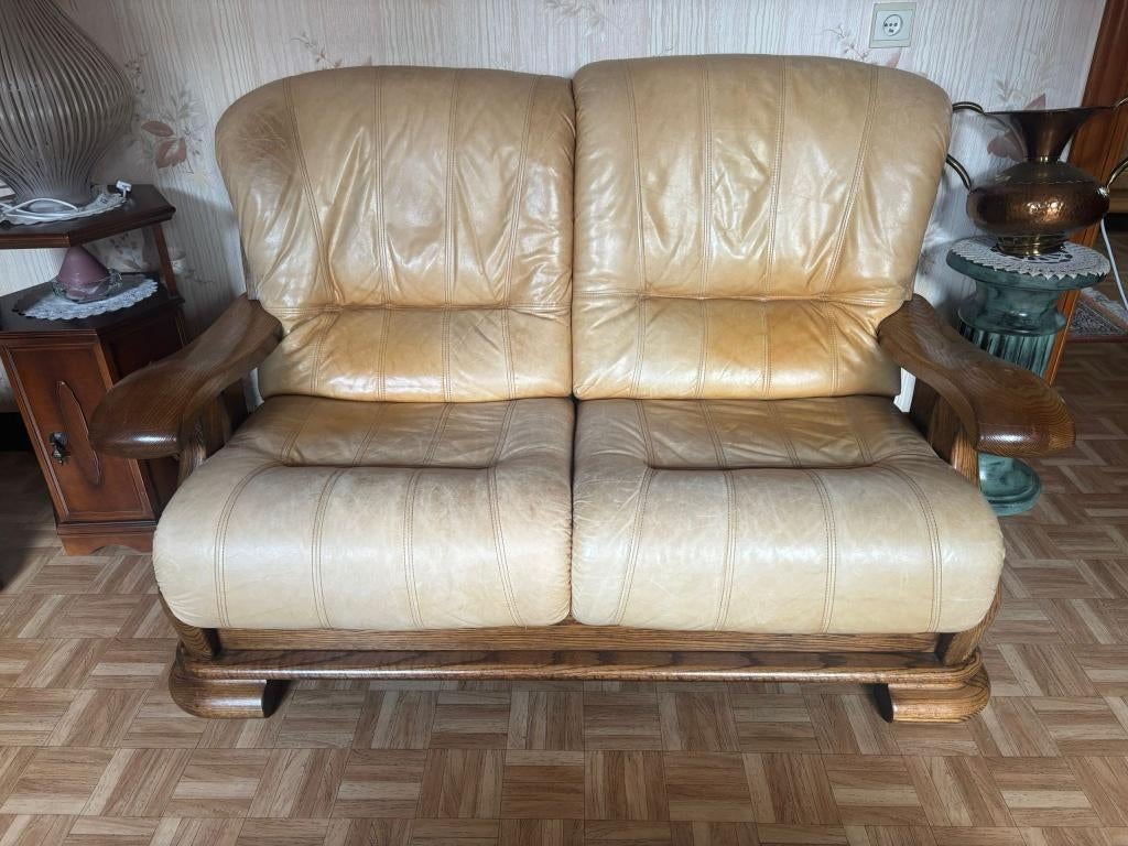 Salon complet cuir vintage + bois massif (4 pièces), Ophalen