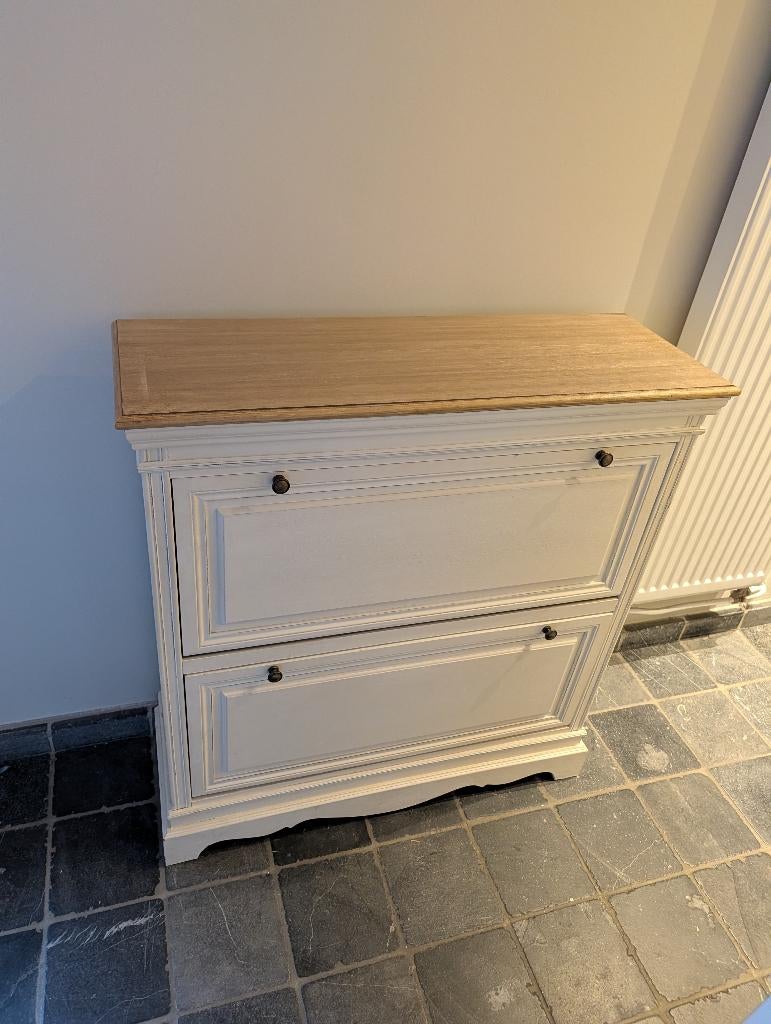 Meuble à chaussures à 2 volets — blanc avec plateau en bois, Maison & Meubles, Enlèvement, Utilisé