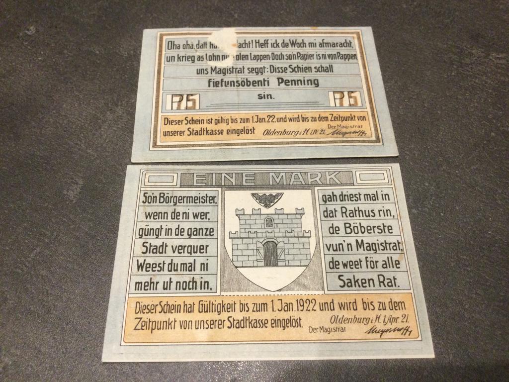 Duitsland Oldenburg 2 verschillende noodbiljetten, Ophalen of Verzenden