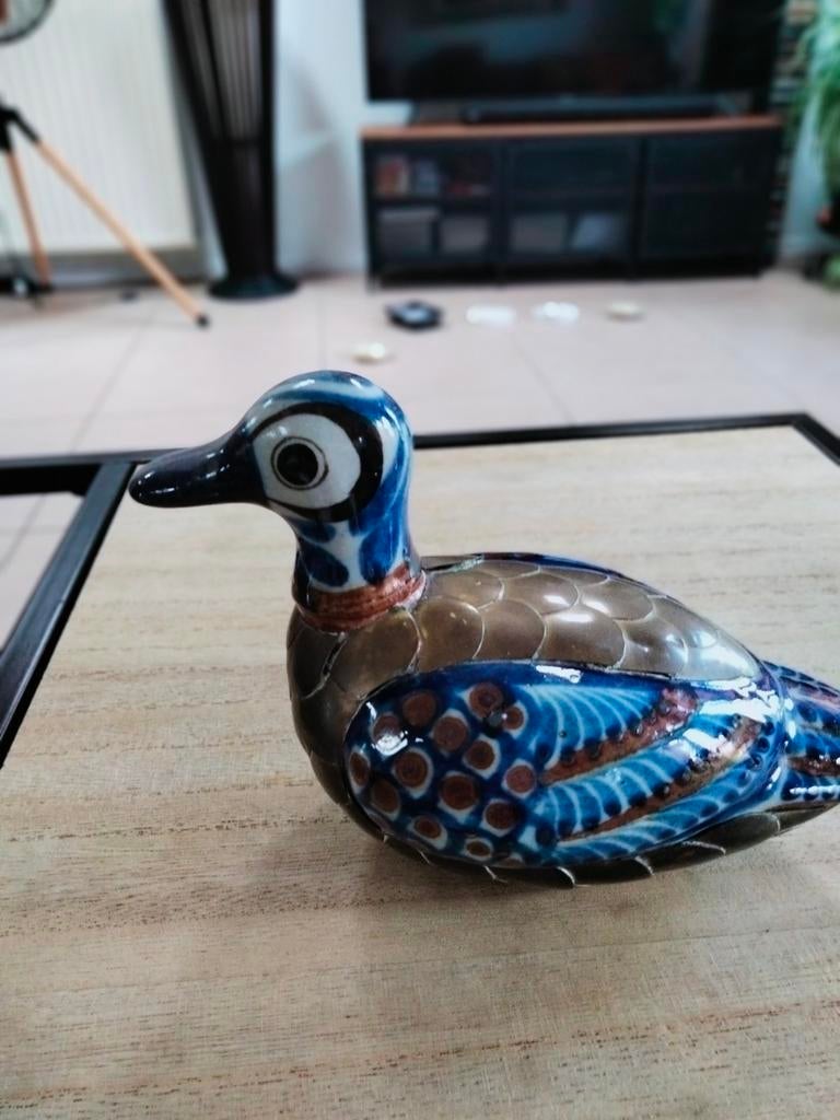 eend in koper en keramiek., Antiek en Kunst, Ophalen of Verzenden