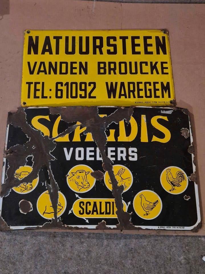 emaille borden Natuursteen Vanden Broucke 1957, Scaldis 1958, Verzamelen, Verzenden