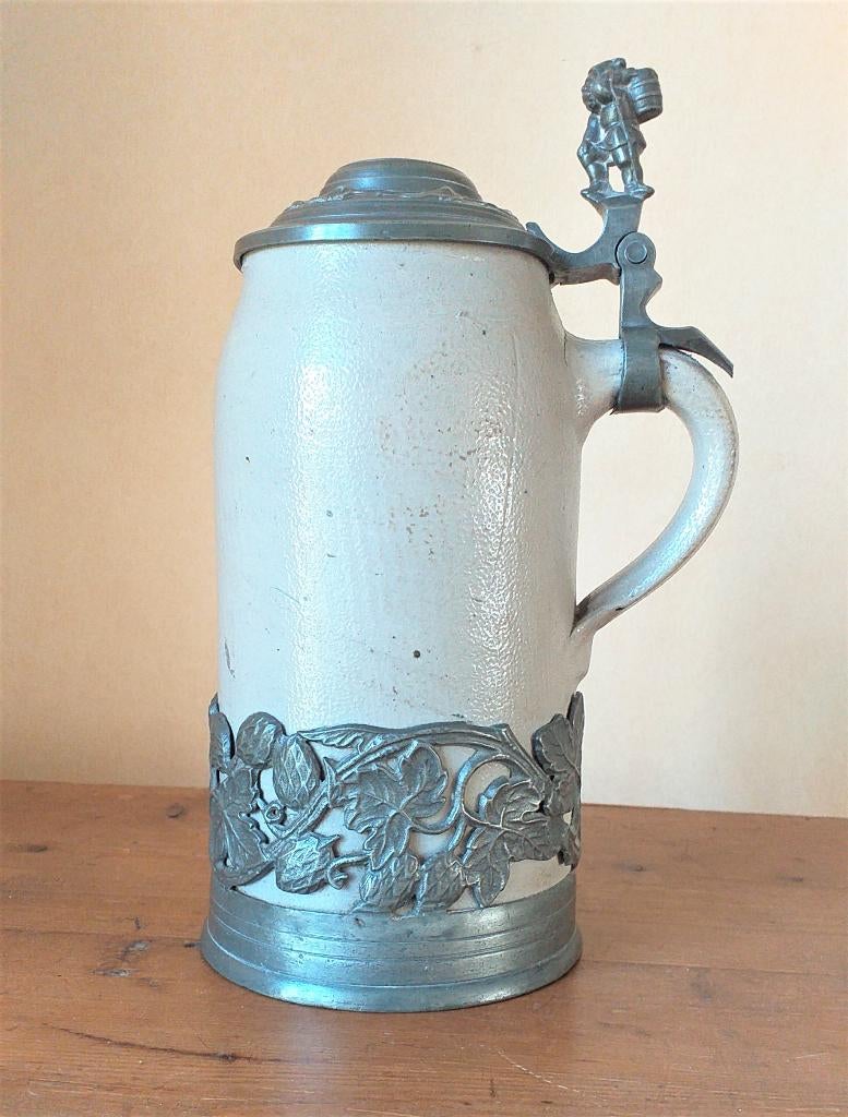Ancienne chope d'un litre en grès d'Alsace et en étain, Antiquités & Art, Enlèvement ou Envoi
