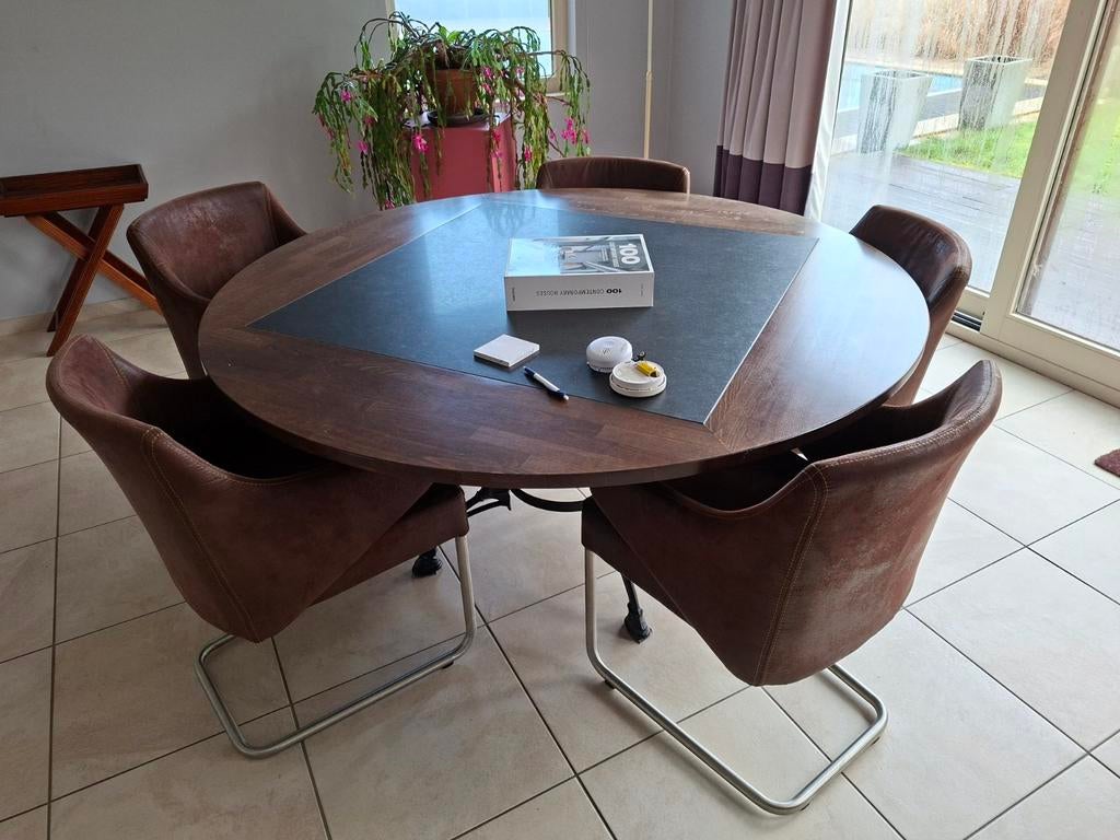 Ronde houten en blauwe stenen tafel met 5 stoelen, Huis en Inrichting, Tafels | Eettafels