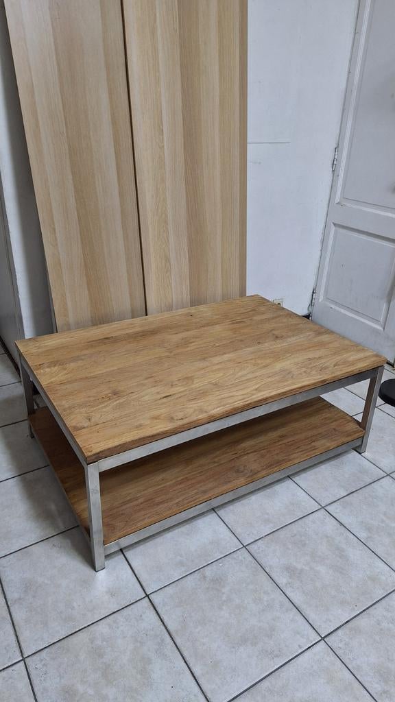 Grote massief houten salontafel in industriële stijl, Huis en Inrichting, Tafels | Salontafels, Ophalen, Eikenhout