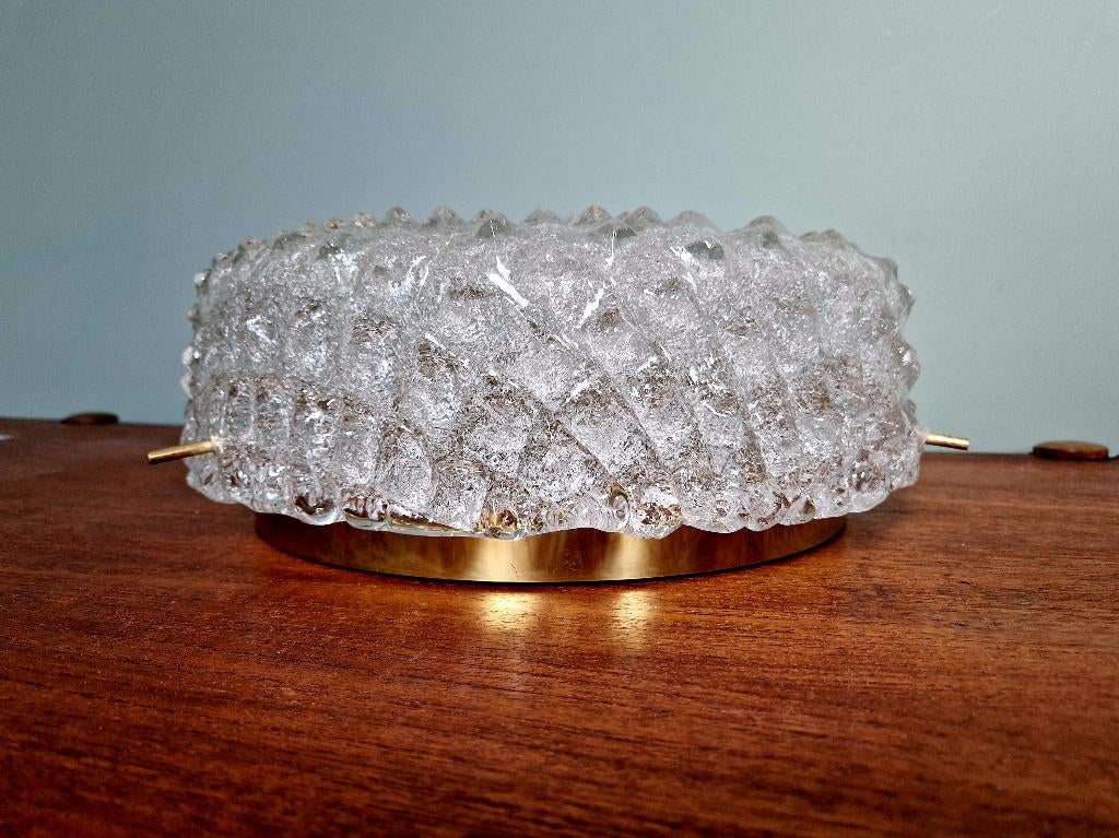 Grote plafondlamp in messing en matglas, Hillebrand, 1970, Ophalen of Verzenden