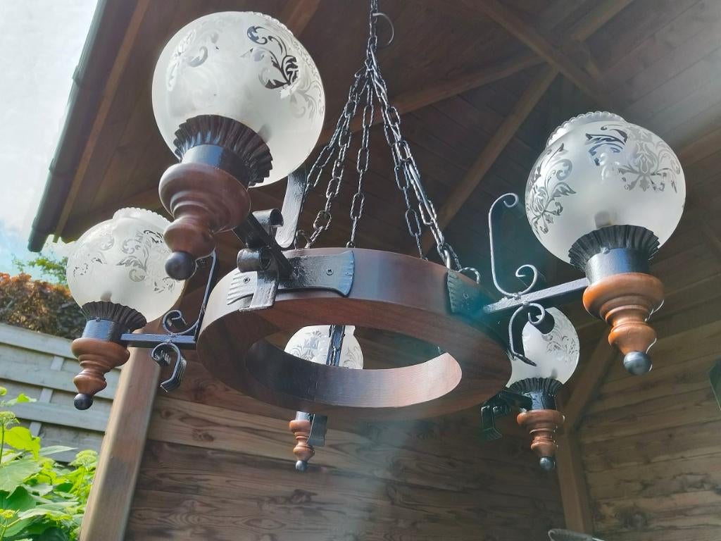 luster/kroonluchter, Maison & Meubles, Lampes | Lustres, Comme neuf, Verre, Bois, Métal, Enlèvement