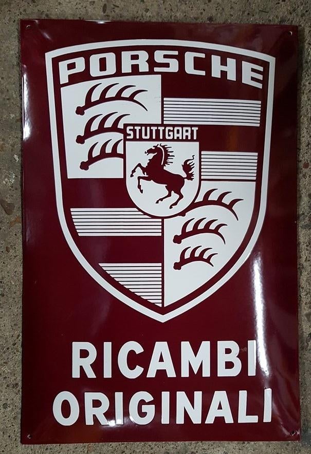 Porsche Ricambo originali emaillen reclame bord garage, Verzamelen, Ophalen of Verzenden, Zo goed als nieuw, Reclamebord