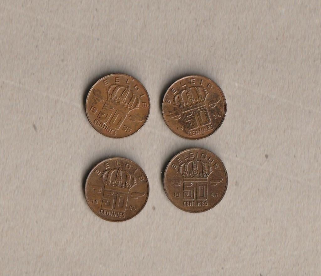 België : 4 (gebruikte) munten van 50 ct (1980-1996), Ophalen of Verzenden, Setje