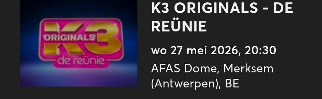 2 tickets K3 originals 27 mei 20u30, staanplaats 1e verdiep, Tickets & Billets