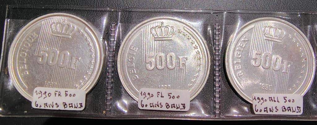 3 pièces 500 francs - 60e anniversaire du Roi Baudouin 1990, Timbres & Monnaies, Monnaies | Belgique, Argent, Enlèvement ou Envoi
