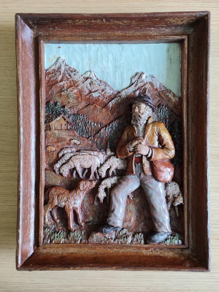 Cadre sculpture sur bois berger avec chien de berger France, Enlèvement ou Envoi