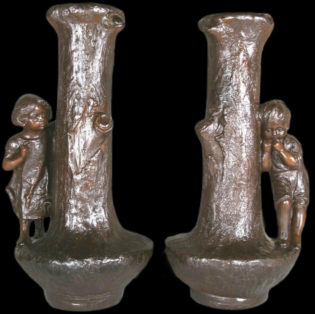 Vaas Paar Vazen Art Deco Nouveau Gips Brons, Envoi