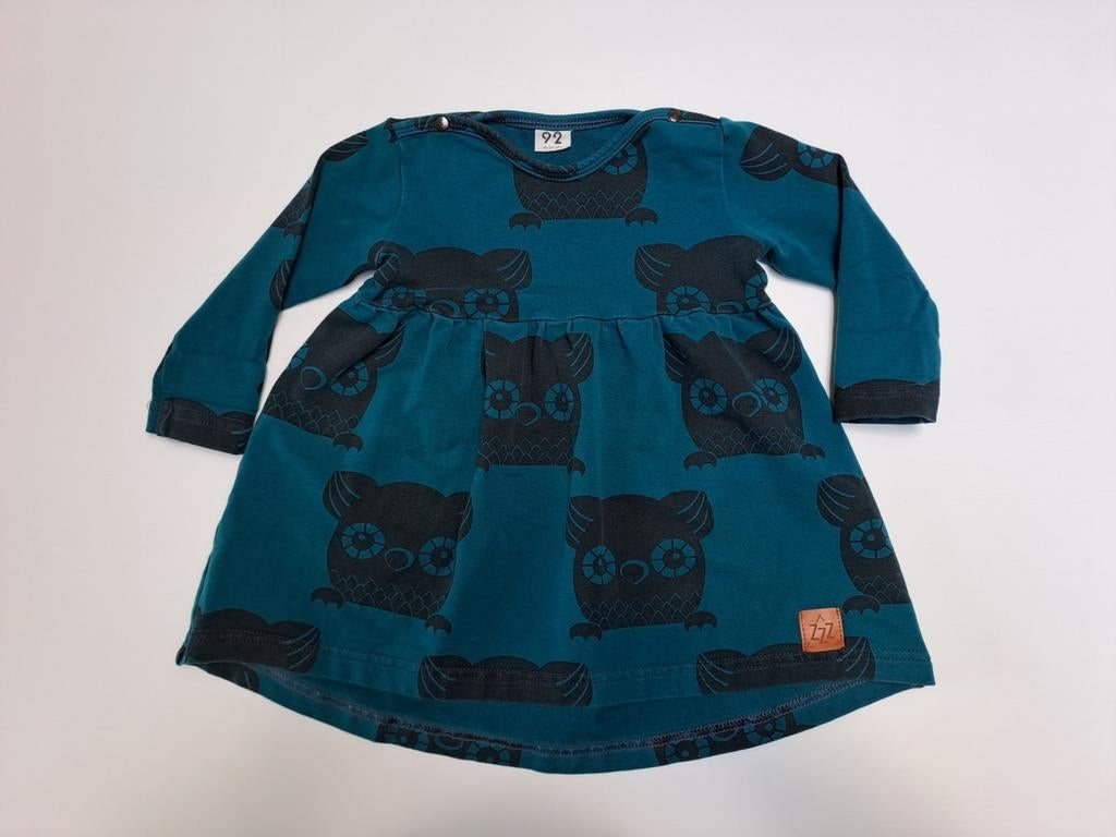 Mt 92 Turquoise jurk met lange mouwen en uilen, ZZZ, Meisje, Ophalen of Verzenden, Zo goed als nieuw