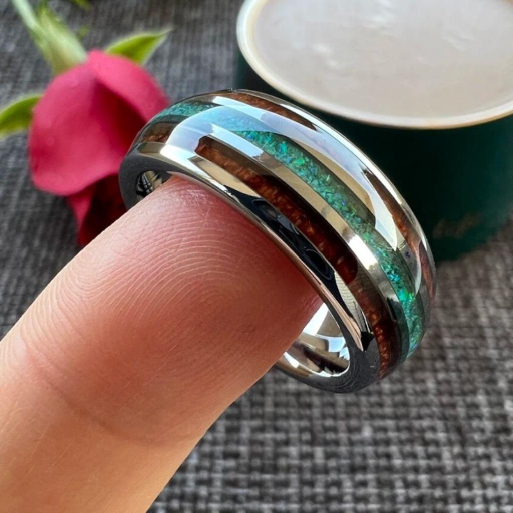 Trouwringen wolfraam - Finn - Zilver, hout en groen opaal, Bijoux, Sacs & Beauté, Bagues, Neuf, Femme ou Homme, Autres couleurs