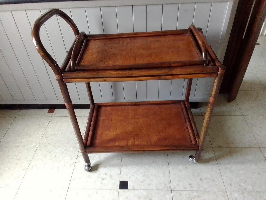 Desserte vintage rotin laqué, plateau amovible et roulettes, Maison & Meubles, Tables | Dessertes, Enlèvement, Utilisé
