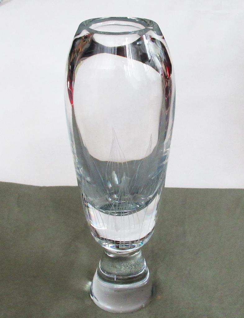 Johansfors Zweeds art glas, geëtste kristallen vaas van '70., Ophalen of Verzenden