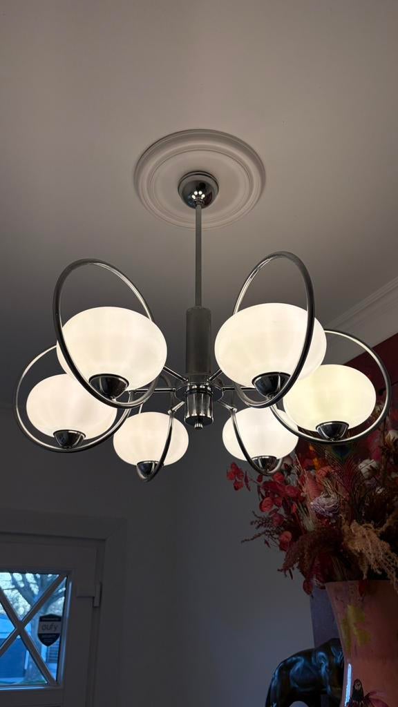 Vintage Hanglamp Chroom Ringen en Opaline Glas, 1970s, Maison & Meubles, Enlèvement, Utilisé, Verre