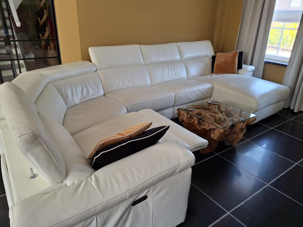 Moderne witte leren hoekzetel met relaxfunctie  topstaat, Ophalen of Verzenden, Zo goed als nieuw, Leer