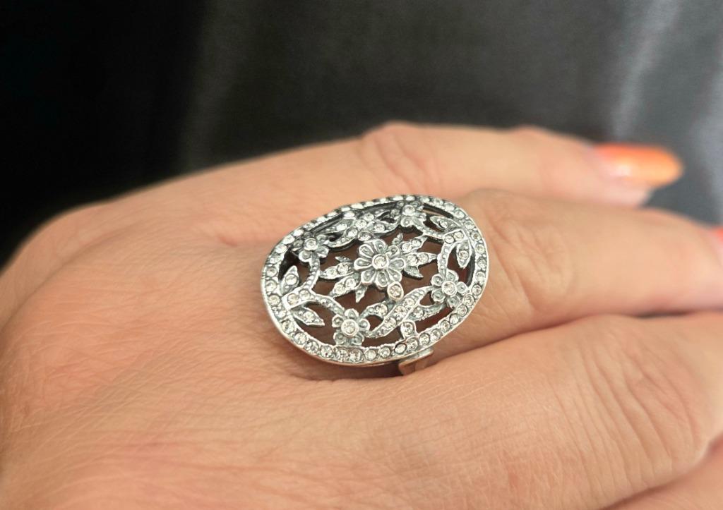 Zilveren Jugendstil ring met Swarovski. 2025/573, Handtassen en Accessoires, Antieke sieraden, Verzenden, Zilver, Ring, Met edelsteen