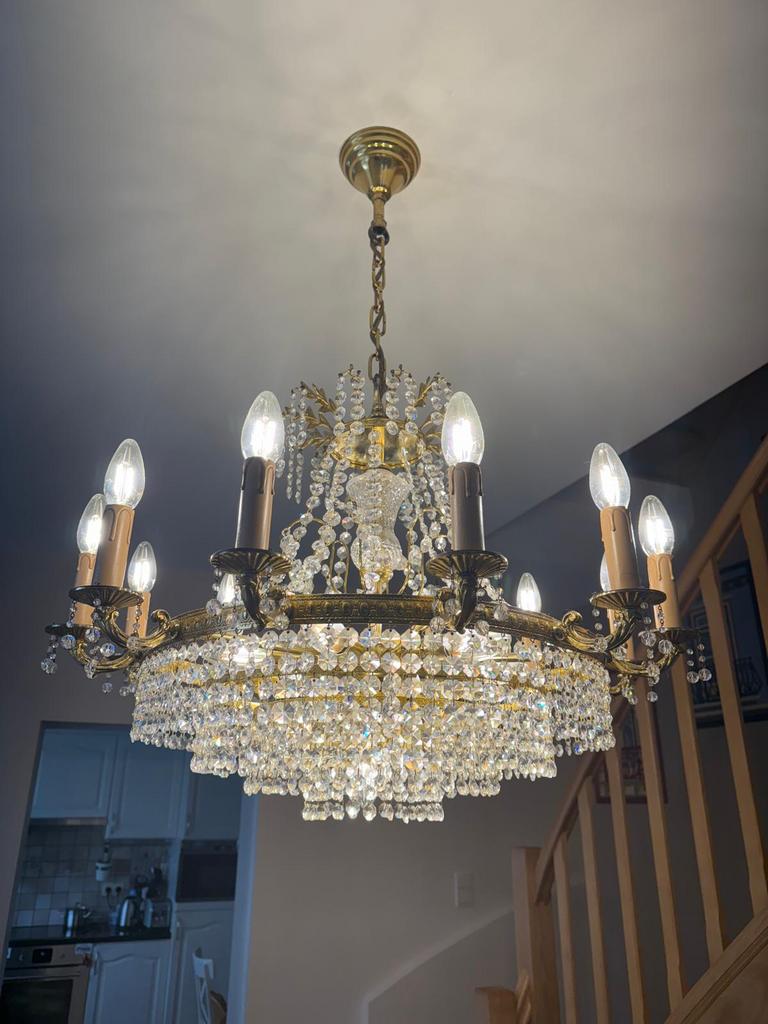 Lustre à pampilles – cristal & laiton doré – excellent état, Enlèvement, Comme neuf
