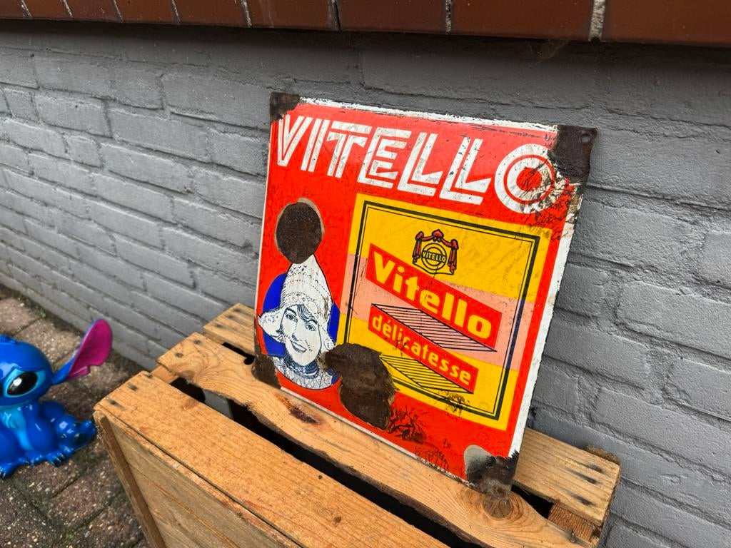 Oud Vitello emaille reclamebord, Ophalen of Verzenden, Gebruikt, Reclamebord