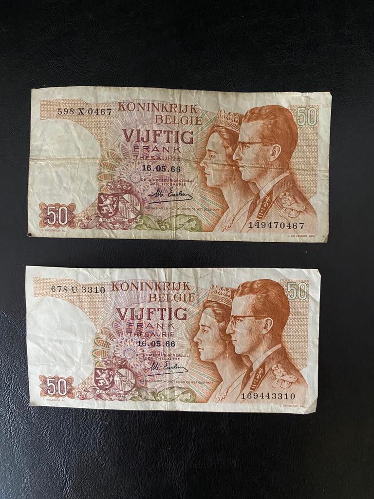 Twee oude 50 frank briefjes 1966, Ophalen, Bankbiljetten