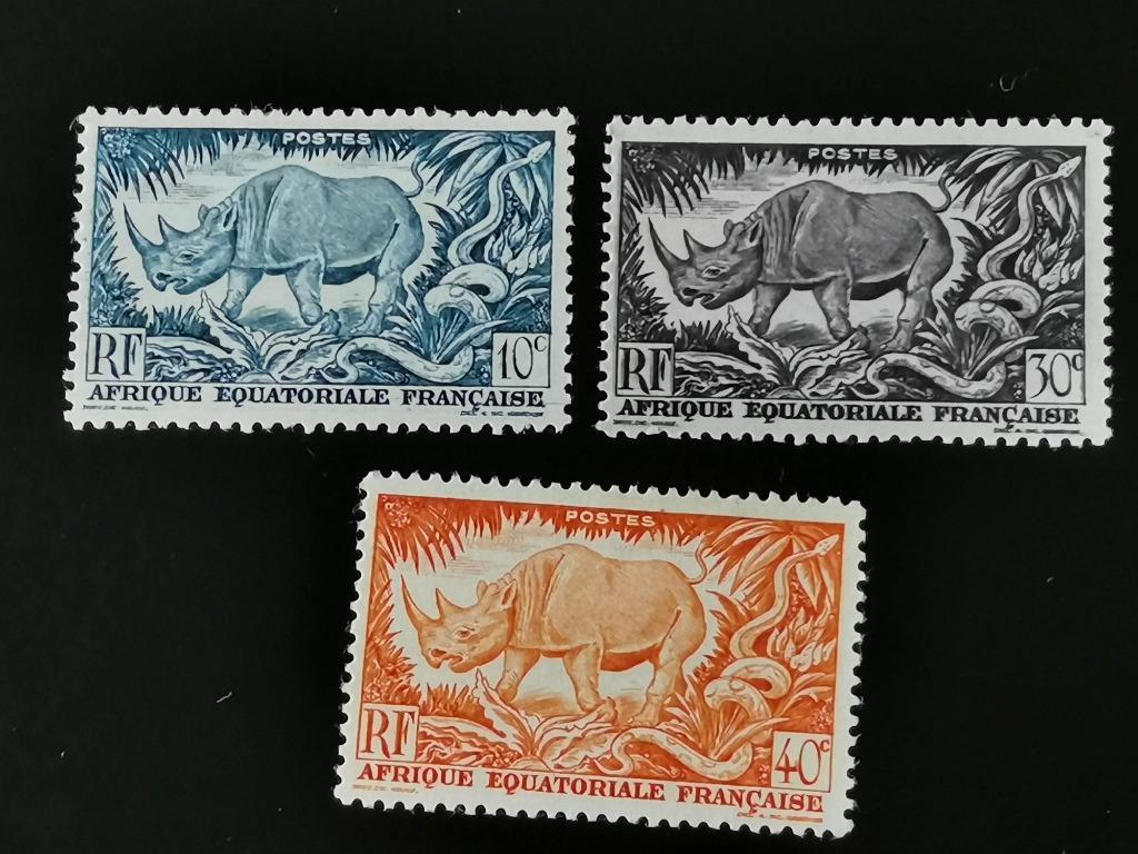 Afrique Equatoriale Française 1947 - neushoorns, Ophalen of Verzenden, Postfris, Dier of Natuur