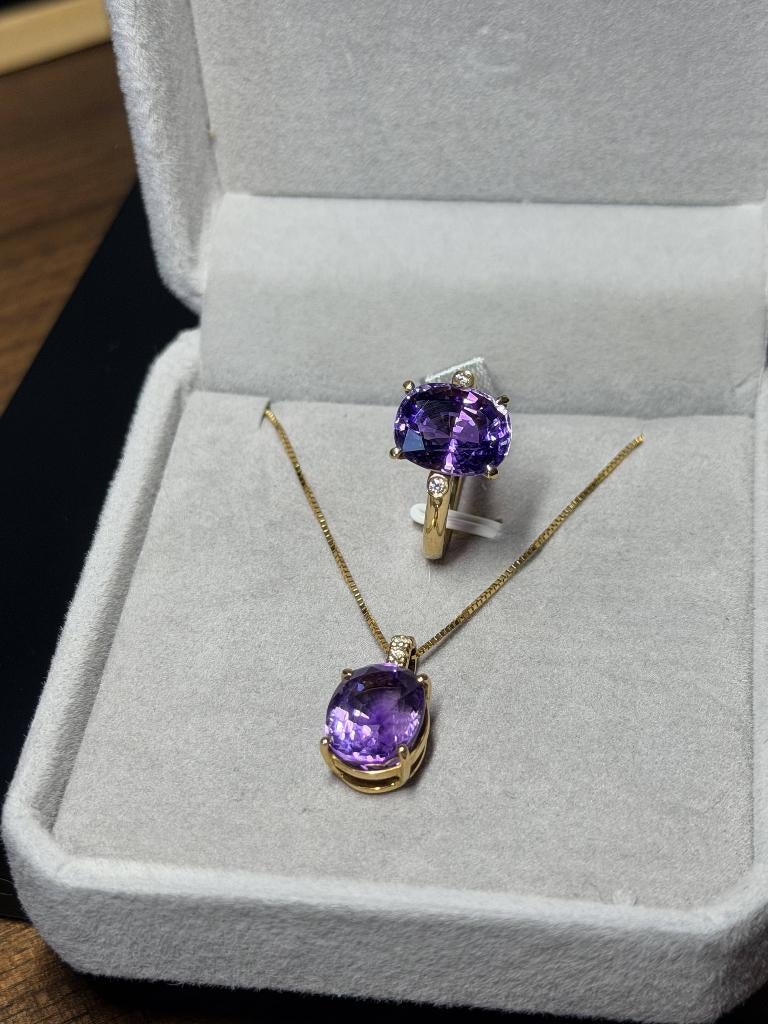 Ensemble Améthyste OR 18K Diamants Naturels Certificat, Neuf, Or, Or, Enlèvement