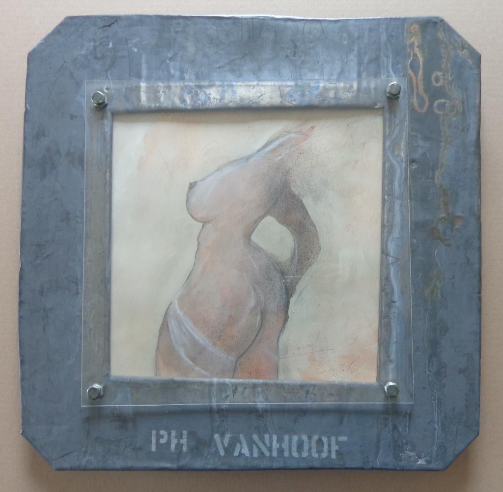 PHILIPPE VANHOOF / VROUWENTORSO / ORIGINEEL / 47x46cm KADER, Antiquités & Art, Enlèvement ou Envoi