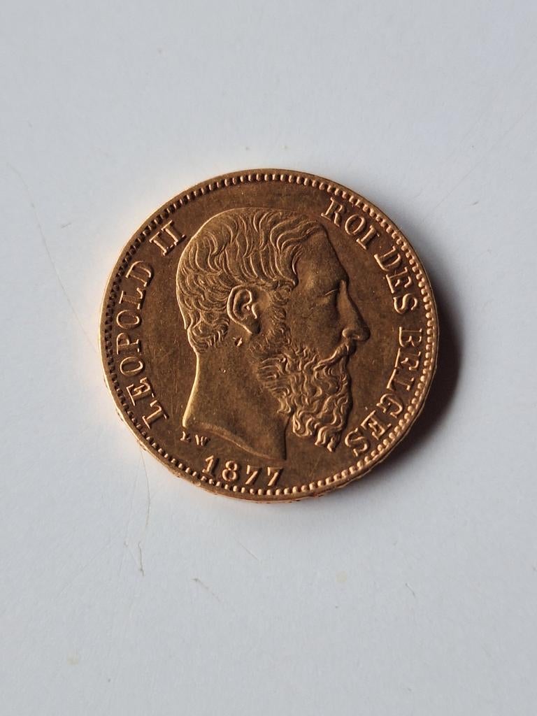 Gouden munt 20 frank 1877 Leopold II België, Postzegels en Munten, Goud