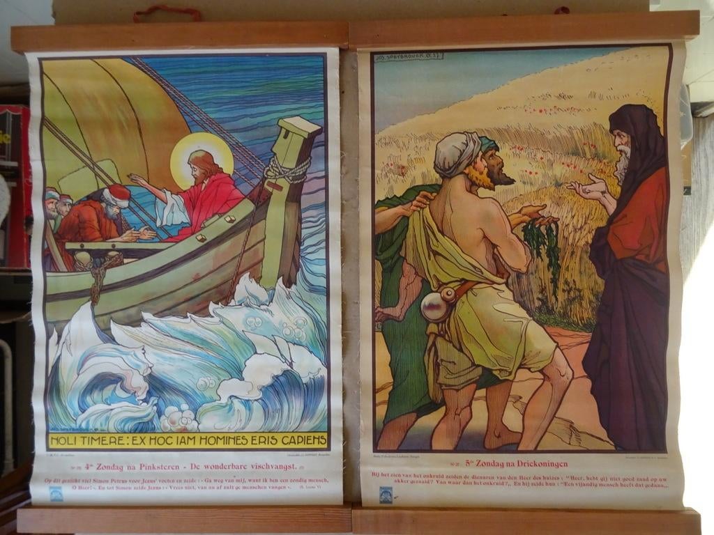 Antieke religieuze schoolplaten gedrukt op linnen set 1900, Ophalen of Verzenden