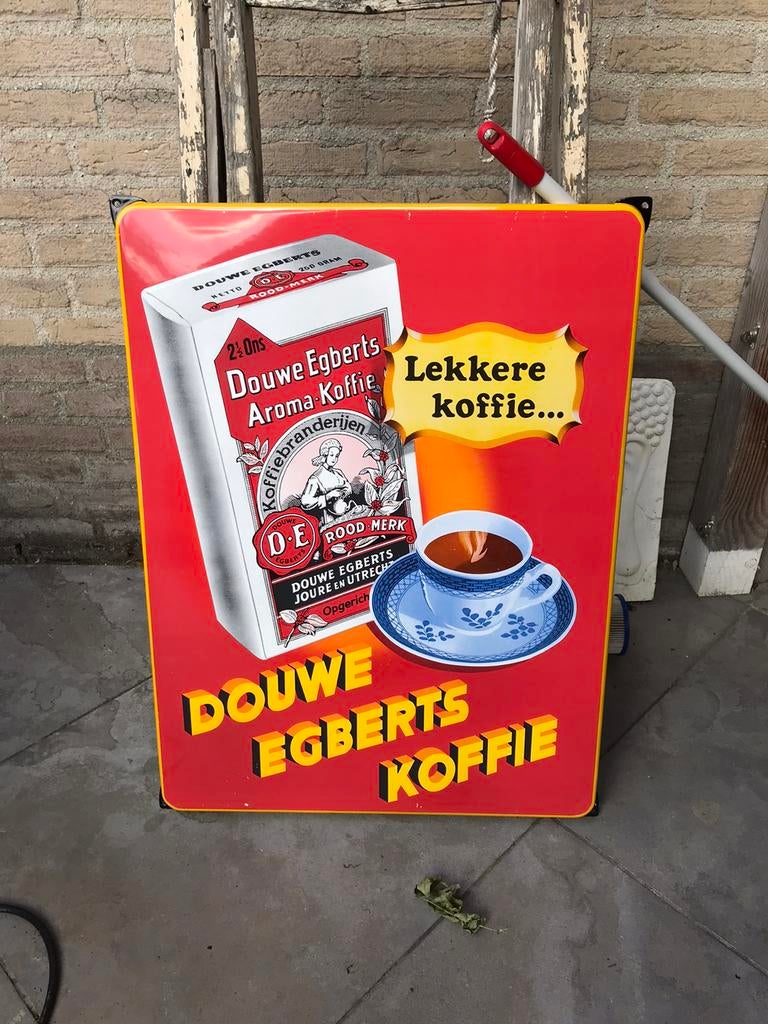 Groot DE koffie emaille reclamebord, Ophalen of Verzenden, Gebruikt, Reclamebord