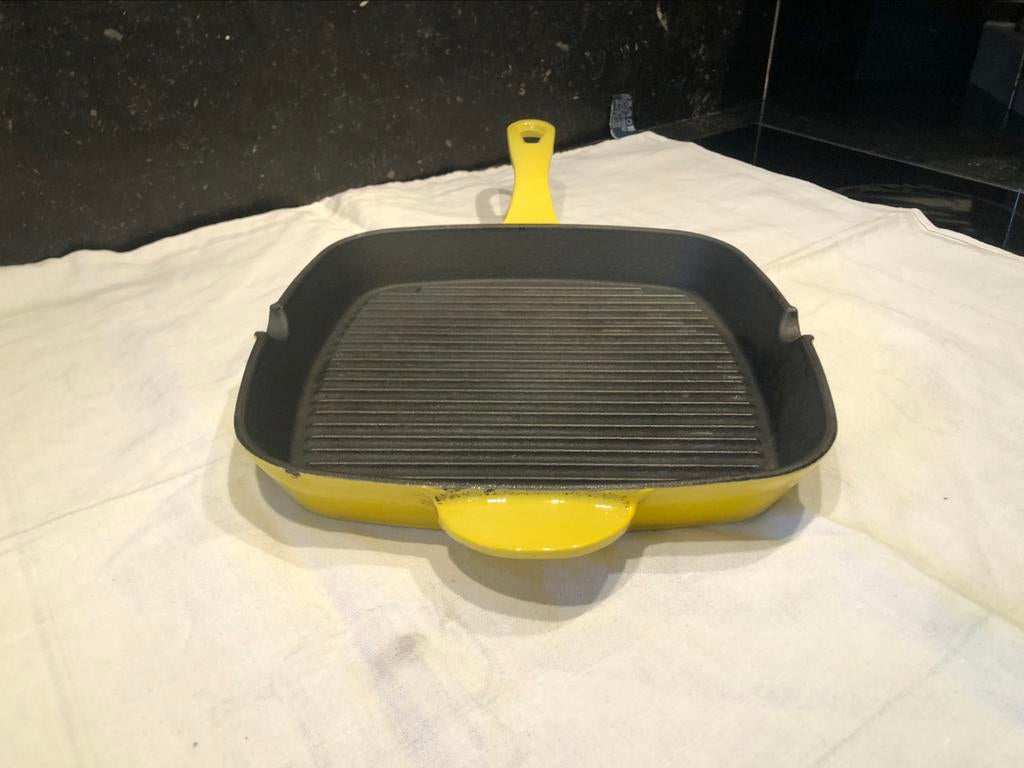 le creuset / merkloos grill-pan gietijzer/emaille yellow, Gebruikt, Gietijzer, Overige typen, Ophalen of Verzenden