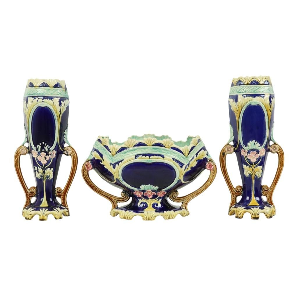 Art Nouveau Barbotine Majolica Vazen Jardinière Set van 3, Ophalen of Verzenden