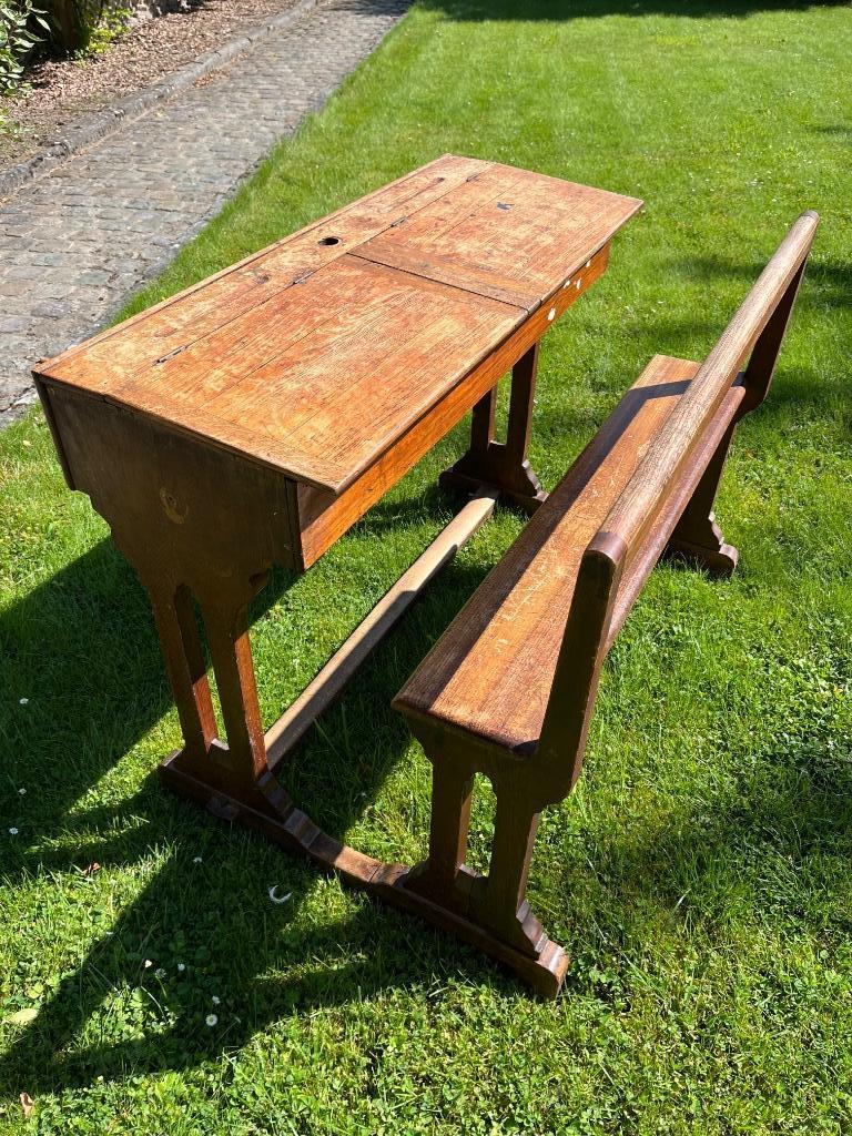Ancien banc d'école en bois 2 places, Antiquités & Art, Enlèvement